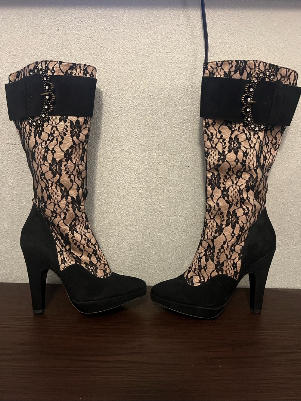 Hale Bob Black Lace-Overlay High Heel Knee Boot with Embellished Buckle - Picture 2 of 6